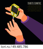 Diabetes diagnostics isometric background with human hand holding meter measures blood sugar level vector illustration. Стоковая иллюстрация, агентство Ingram Publishing / Фотобанк Лори