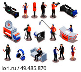 Broadcasting isometric icons set with newsman commentator reporter and people participating in talk show and interview vector illustration. Стоковая иллюстрация, агентство Ingram Publishing / Фотобанк Лори