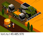 Agricultural robots isometric composition with automated remote controlled combine harvester threshers working in wheat field vector illustration. Стоковая иллюстрация, агентство Ingram Publishing / Фотобанк Лори