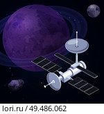 Space exploration isometric composition with view of outer space planets stars and artificial satellite observatory vehicle vector illustration. Стоковая иллюстрация, агентство Ingram Publishing / Фотобанк Лори