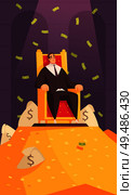 Rich man wealth symbol cartoon composition with millionaire on throne atop gold mount bathing in money vector illustration. Стоковая иллюстрация, агентство Ingram Publishing / Фотобанк Лори