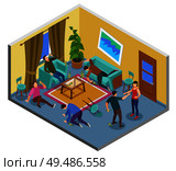 Alcoholism addiction isometric composition with problem uncontrollable drinking home people fighting abusing spouse falling unwell vector illustration. Стоковая иллюстрация, агентство Ingram Publishing / Фотобанк Лори