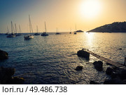 Ibiza cala d Hort with Es Vedra islet sunset in Sant Josep of Balearic Islands. Стоковое фото, агентство Ingram Publishing / Фотобанк Лори
