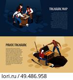 Pirates near treasure map and chest with gold isometric banners isolated on blue beige background vector illustration. Стоковая иллюстрация, агентство Ingram Publishing / Фотобанк Лори