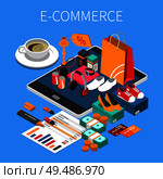 E-commerce online shopping isometric composition with credit card cash purchased shoes on tablet screen vector illustration. Стоковая иллюстрация, агентство Ingram Publishing / Фотобанк Лори