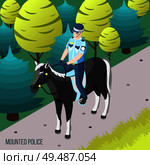 Mounted police isometric background with policeman patrolling city park on horseback vector illustration. Стоковая иллюстрация, агентство Ingram Publishing / Фотобанк Лори