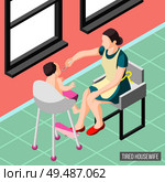 Tortured housewife isometric background with mother nursing her little child vector illustration. Стоковая иллюстрация, агентство Ingram Publishing / Фотобанк Лори