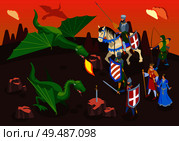 Medieval isometric composition with human characters of warriors and knights with green dragons and fantasy landscape vector illustration. Стоковая иллюстрация, агентство Ingram Publishing / Фотобанк Лори