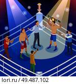 Box isometric composition with view of boxing ring with human characters of boxers referee and hosts vector illustration. Стоковая иллюстрация, агентство Ingram Publishing / Фотобанк Лори