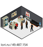 Law justice detectives office isometric composition with crime case investigators  interview witness reconstructing incident details vector illustration. Стоковая иллюстрация, агентство Ingram Publishing / Фотобанк Лори