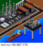 Isometric composition with oil refinery tanker and sea platform 3d vector illustration. Стоковая иллюстрация, агентство Ingram Publishing / Фотобанк Лори