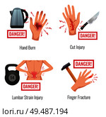 Human body parts injury warning 4 flat compositions set hand burn finger fracture lumber strain vector illustration. Стоковая иллюстрация, агентство Ingram Publishing / Фотобанк Лори