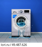 Broken washing machine realistic indoor composition with clothes washer and water pouring out of the door vector illustration. Стоковая иллюстрация, агентство Ingram Publishing / Фотобанк Лори