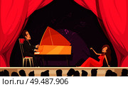Opera theater flat cartoon horizontal composition with singer aria and pianist onstage performance audience heads silhouettes vector illustration. Стоковая иллюстрация, агентство Ingram Publishing / Фотобанк Лори