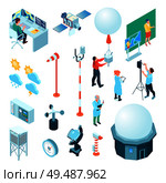 Meteorological center set of isometric icons with weather measuring equipment and forecasters isolated vector illustration. Стоковая иллюстрация, агентство Ingram Publishing / Фотобанк Лори