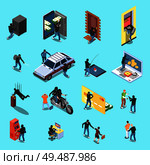 Thief during atm robbery car stealing internet fraud isometric icons on blue background isolated vector illustration. Стоковая иллюстрация, агентство Ingram Publishing / Фотобанк Лори