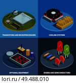 Semiconductor 2x2 design concept set of transistors microprocessors diodes and cooling systems square compositions isometric vector illustration. Стоковая иллюстрация, агентство Ingram Publishing / Фотобанк Лори