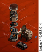 Mars colonization isometric composition with Infrastructure of communication base including residential compartments research center and satellite connection vector illustration. Стоковая иллюстрация, агентство Ingram Publishing / Фотобанк Лори