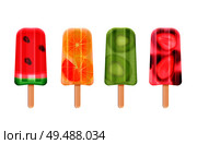 Fruit popsicles ice cream realistic set of isolated frozen stick confection images on blank background vector illustration. Стоковая иллюстрация, агентство Ingram Publishing / Фотобанк Лори