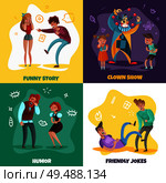 Cartoon design concept with people laughing at funny stories and clown show isolated on colorful background vector illustration. Стоковая иллюстрация, агентство Ingram Publishing / Фотобанк Лори