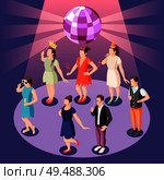 Photo booth party celebration isometric composition with disco ball and people holding props in spotlight vector illustration. Стоковая иллюстрация, агентство Ingram Publishing / Фотобанк Лори