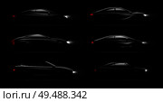 Lightened cars in darkness realistic 6 black luxury automobiles lamps lit set with cabriolet sedan hatchback vector illustration. Стоковая иллюстрация, агентство Ingram Publishing / Фотобанк Лори