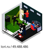 Cinema motion capture isometric composition with actor videographer illuminator and graphic designer during work vector illustration. Стоковая иллюстрация, агентство Ingram Publishing / Фотобанк Лори