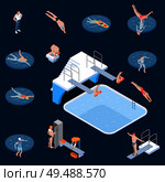 Public swimming pool sports equipment locker room elements and visitors isometric set dark background isolated vector illustration. Стоковая иллюстрация, агентство Ingram Publishing / Фотобанк Лори
