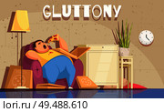 Gluttony background with obsessive eating and overweight symbols flat vector illustration. Стоковая иллюстрация, агентство Ingram Publishing / Фотобанк Лори