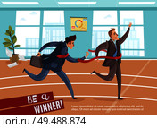 Business competition winner loser background with editable text and indoor view of office with athletic track vector illustration. Стоковая иллюстрация, агентство Ingram Publishing / Фотобанк Лори