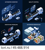 Intelligent manufacturing isometric design concept with robotized conveyor automated warehouse identifying problems quality control isolated vector illustration. Стоковая иллюстрация, агентство Ingram Publishing / Фотобанк Лори