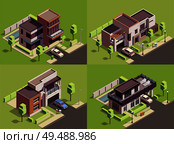 Suburbian buildings isometric 2x2 compositions set with four landmarks residential yards landscapes with modern villa houses vector illustration. Стоковая иллюстрация, агентство Ingram Publishing / Фотобанк Лори