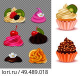 Cupcake constructor with various appetizing toppings set on transparent background and 2 ready desserts realistic vector illustration. Стоковая иллюстрация, агентство Ingram Publishing / Фотобанк Лори