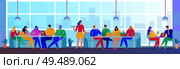 People eating pizza in bistro flat horizontal vector illustration. Стоковая иллюстрация, агентство Ingram Publishing / Фотобанк Лори
