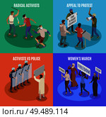 Activists 2x2 design concept set of appeal to protest women march radicals vs police square icons isometric vector illustration. Стоковая иллюстрация, агентство Ingram Publishing / Фотобанк Лори