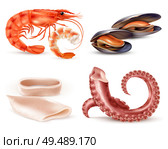 Seafood marine food cocktail realistic closeup elements with shrimp mussels squid parts octopus tentacles isolated vector illustration. Стоковая иллюстрация, агентство Ingram Publishing / Фотобанк Лори