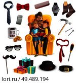 Happy fathers day celebration colorful composition with dad kids reading book together presents male accessories vector illustration. Стоковая иллюстрация, агентство Ingram Publishing / Фотобанк Лори