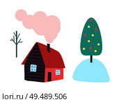 Country house with chimney and smoke from pipe vector isolated. Cottage with window and door, rural home in countryside, tree in snow, Christmas concept. Country House, Chimney and Smoke from Pipe Vector. Стоковая иллюстрация, агентство Ingram Publishing / Фотобанк Лори