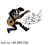 Musician player, guitarist with guitar and notes vector. Professional expert playing electric instrument making sounds. Blues, rock and jazz concert. Musician Player, Guitarist with Guitar and Notes. Стоковая иллюстрация, агентство Ingram Publishing / Фотобанк Лори