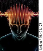 Mind Waves series. Background design of 3D illustration of human head and technology symbols on the subject of consciousness, brain, intellect and artificial intelligence. Стоковое фото, агентство Ingram Publishing / Фотобанк Лори