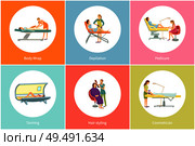 Tanning spa salon tan in solarium set vector. Depilation hair removal and hairstyle haircut making by stylist hairdresser. Cosmetician and pedicurist. Tanning Spa Salon Tan Gaining in Solarium Vector. Стоковая иллюстрация, агентство Ingram Publishing / Фотобанк Лори