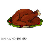 Turkey Thanksgiving day main dish isolated icon vector. Meat food cooked and roasted, served with berries, cranberry and leaves. Dinner poultry eating. Turkey Thanksgiving Day Main Dish Icon Vector. Стоковая иллюстрация, агентство Ingram Publishing / Фотобанк Лори