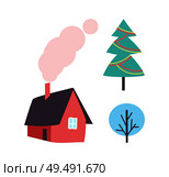Decorated Christmas tree, winter plant icon and country house with chimney and smoke from pipe vector isolated. Cottage with window and door, rural home. Decorated Christmas Tree, Winter Plant Icon, House. Стоковая иллюстрация, агентство Ingram Publishing / Фотобанк Лори