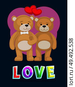 Love of fluffy bears poster with colorful fonts and couple in amorousness. Heart above female and male wearing bow on neck. Romantic cartoon vector. Love of Fluffy Bears Poster Vector Illustration. Стоковая иллюстрация, агентство Ingram Publishing / Фотобанк Лори
