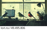 Group of Birds Perched on Window Sill. Стоковое AI-изображение, AI-художник Данила Большаков / Фотобанк Лори
