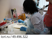 Belarus, Comely, 24 April 2018. Blood transfusion station.Blood test.Microbiological examination of blood. Редакционное фото, фотограф Лазаренко Светлана / Фотобанк Лори