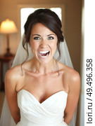 A woman wearing a white wedding dress is pulling a comical expression, adding a touch of humor to her special day. Стоковое AI-изображение, AI-художник Данила Большаков / Фотобанк Лори