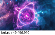 A surreal scene in outer space featuring a prominent purple and blue object floating amidst the vast darkness. Стоковое AI-изображение, AI-художник Данила Большаков / Фотобанк Лори