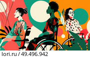 A woman in a wheelchair and another woman in a dress standing next to each other, showcasing inclusivity and diversity in mobility and fashion. Стоковое AI-изображение, AI-художник Данила Большаков / Фотобанк Лори