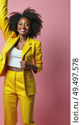 Happy positive black woman in bright, colorful attire standing and dancing with her arm raised, positioned against a pastel pink background. Стоковое AI-видео, аниматор Sergey Grishin / Фотобанк Лори